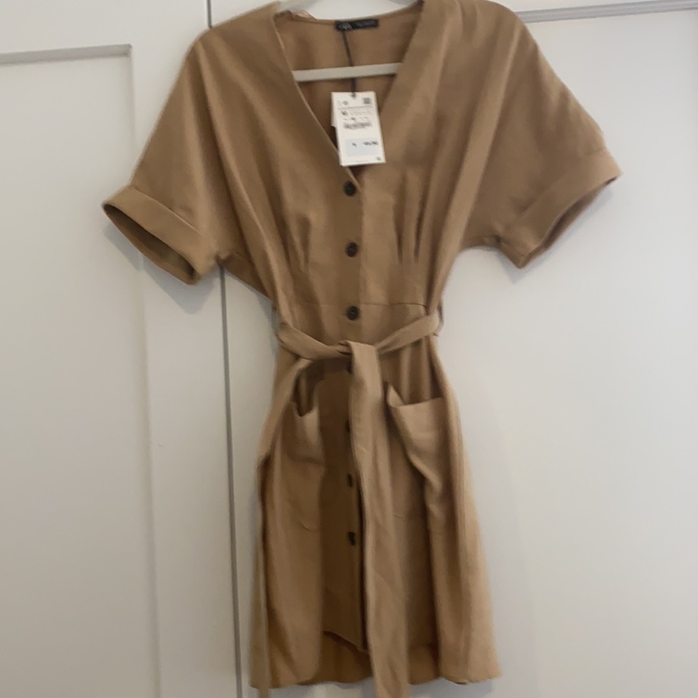 SOLD NWT Zara Tan Mini Belted Button Up Dress - Picture 3 of 6